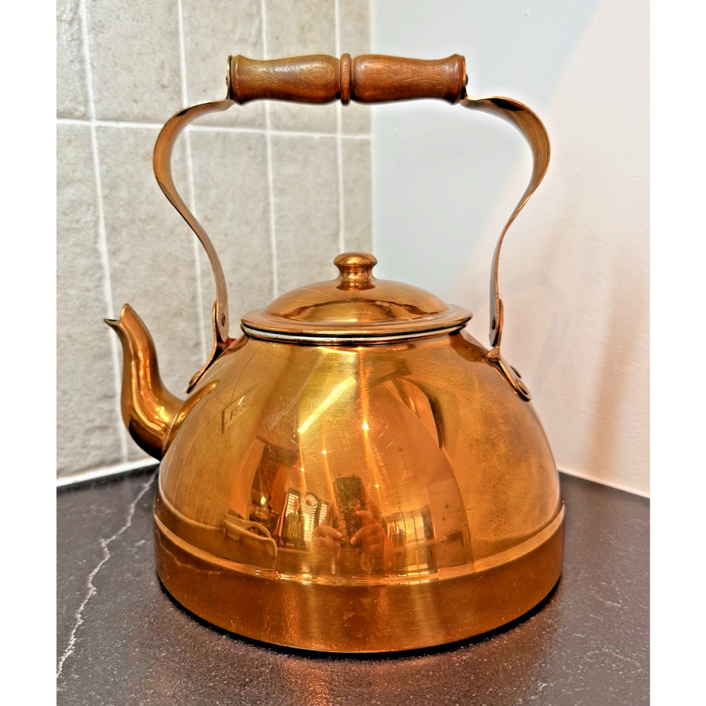 Vtg COPPER TEA KETTLE Wood Handle Made in Portugal Cottage Kitchen Decor
